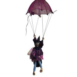 Flying Witch Animated Parachute Striped Legs Spider Web Dress Halloween Ganz ?
